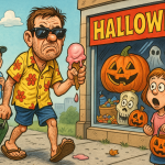 Image of man walking down the street carrying a melting ice cream cone while Halloween decorations are in the store window behind him.