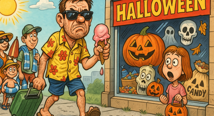 Image of man walking down the street carrying a melting ice cream cone while Halloween decorations are in the store window behind him.