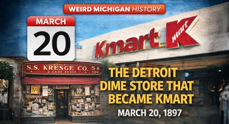 Weird Michigan History graphic showing March 20 with a vintage Detroit Kresge dime store and a modern Kmart storefront