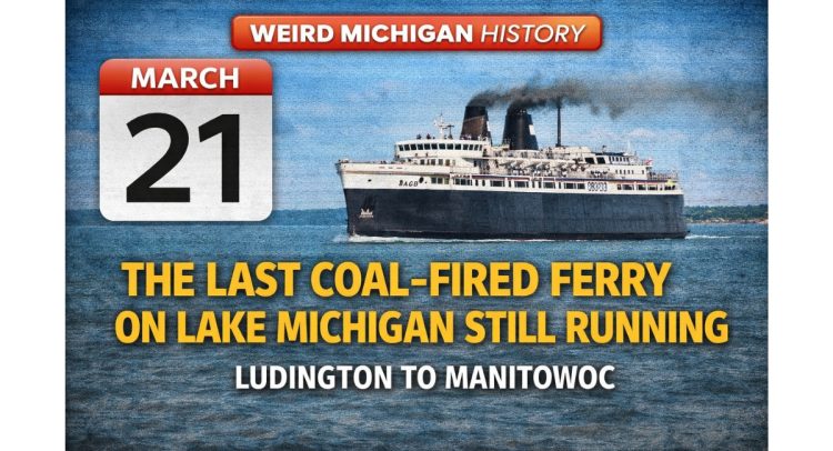 Weird Michigan History graphic showing the S.S. Badger ferry crossing Lake Michigan from Ludington