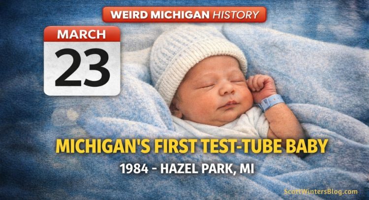 Weird Michigan History graphic showing March 23 with a newborn baby representing Michigan’s first test-tube baby in 1984