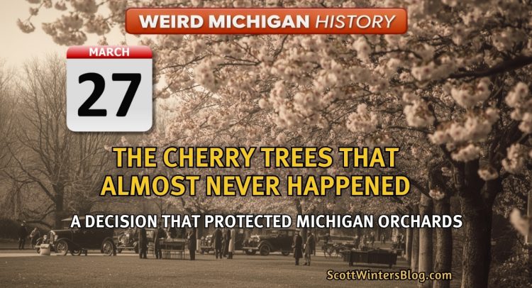 Weird Michigan History graphic for March 27 featuring cherry blossom orchard with vintage styling and headline about the cherry trees that almost never happened