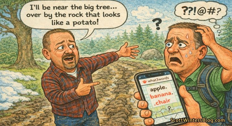Cartoon illustration of two men outdoors, one giving confusing directions near a tree and rock while the other looks frustrated at a phone showing the what3words app with a three-word location.