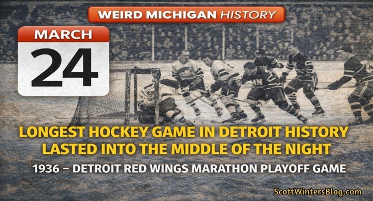 Weird Michigan History graphic showing March 24 with a vintage hockey game representing the Detroit Red Wings marathon playoff game