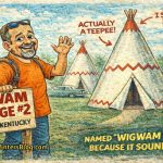 Cartoon illustration of a man in an orange shirt standing in front of Wigwam Village #2 in Cave City, Kentucky, pointing to a teepee-shaped motel along the historic Dixie Highway.