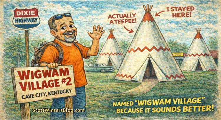 Cartoon illustration of a man in an orange shirt standing in front of Wigwam Village #2 in Cave City, Kentucky, pointing to a teepee-shaped motel along the historic Dixie Highway.