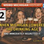 Group of young adults in a 1970s-style bar raising beer mugs together, with a neon “18 to drink” sign glowing in the background, representing Michigan’s short-lived lower drinking age era.