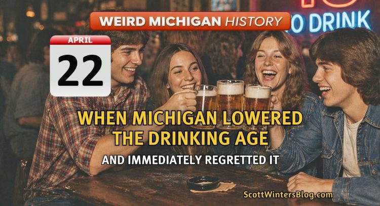 Group of young adults in a 1970s-style bar raising beer mugs together, with a neon “18 to drink” sign glowing in the background, representing Michigan’s short-lived lower drinking age era.