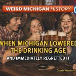 Group of young adults in a 1970s-style bar raising beer mugs together, with a neon “18 to drink” sign glowing in the background, representing Michigan’s short-lived lower drinking age era.