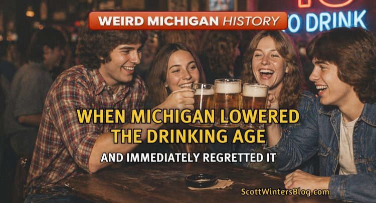 Group of young adults in a 1970s-style bar raising beer mugs together, with a neon “18 to drink” sign glowing in the background, representing Michigan’s short-lived lower drinking age era.