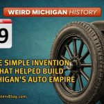 Vintage automobile tire and early car with “April 29” calendar graphic, representing how rubber helped build Michigan’s auto industry.