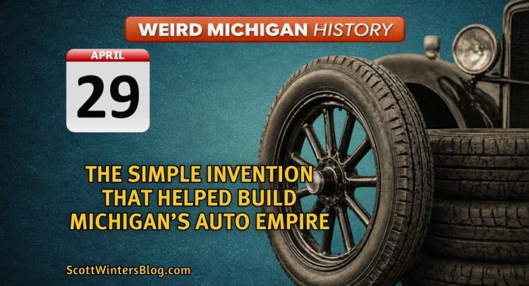 Vintage automobile tire and early car with “April 29” calendar graphic, representing how rubber helped build Michigan’s auto industry.