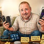Cartoon illustration of a man with a goatee sitting on a couch surrounded by multiple remotes, a smartphone, and notes with passwords, looking overwhelmed by modern technology.