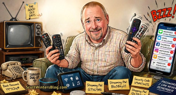 Cartoon illustration of a man with a goatee sitting on a couch surrounded by multiple remotes, a smartphone, and notes with passwords, looking overwhelmed by modern technology.