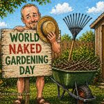 Cartoon illustration of a man hiding behind a “World Naked Gardening Day” sign in a backyard, holding a hat with gardening tools and flowers nearby.