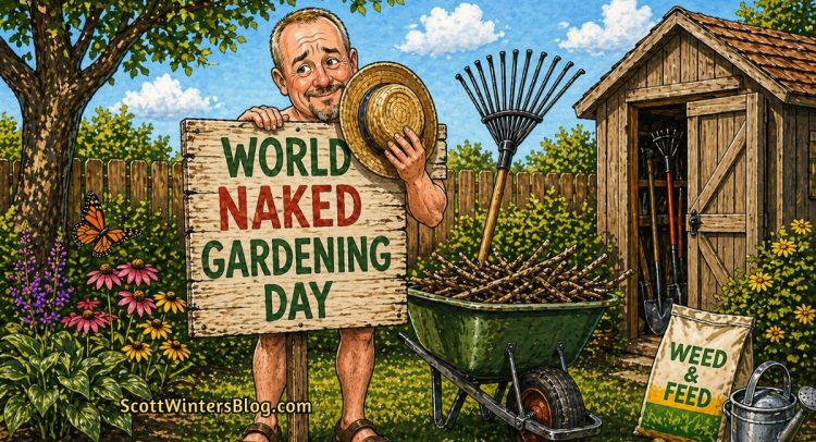 Cartoon illustration of a man hiding behind a “World Naked Gardening Day” sign in a backyard, holding a hat with gardening tools and flowers nearby.