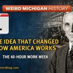 Portrait of Henry Ford with early automobile factory assembly line in the background, representing the creation of the 40-hour workweek in Michigan.