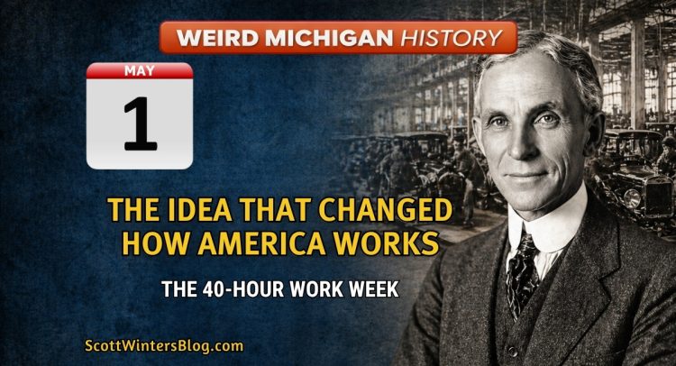 Portrait of Henry Ford with early automobile factory assembly line in the background, representing the creation of the 40-hour workweek in Michigan.