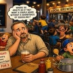 Cartoon illustration of a man sitting in a crowded brewery surrounded by noisy children, looking overwhelmed while holding a beer.