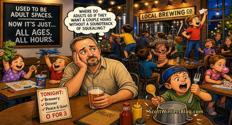 Cartoon illustration of a man sitting in a crowded brewery surrounded by noisy children, looking overwhelmed while holding a beer.