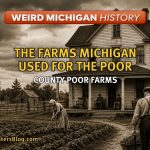 Historic farmhouse and farmland representing Michigan county poor farms used for struggling residents in the late 1800s and early 1900s.