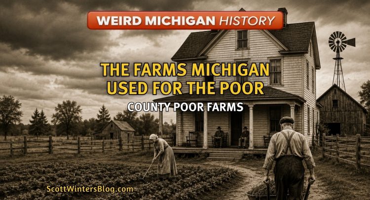 Historic farmhouse and farmland representing Michigan county poor farms used for struggling residents in the late 1800s and early 1900s.
