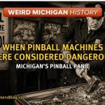 Vintage pinball machine and arcade scene representing Michigan’s pinball panic and arcade culture history.