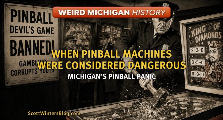 Vintage pinball machine and arcade scene representing Michigan’s pinball panic and arcade culture history.