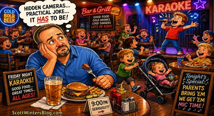 Cartoon scene of a man holding a beer and staring in disbelief as kids sing karaoke at a busy bar on a Friday night.