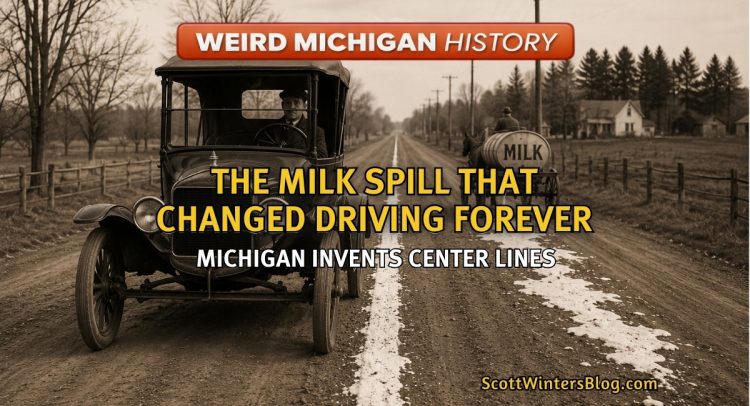 Early automobile and milk wagon on rural Michigan road representing the invention of painted center lines in 1911.
