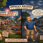 Split-scene cartoon comparing America’s patriotic 1976 Bicentennial celebration with a quieter modern-day Fourth of July, as a man stands holding a flag and reflecting on how times have changed.