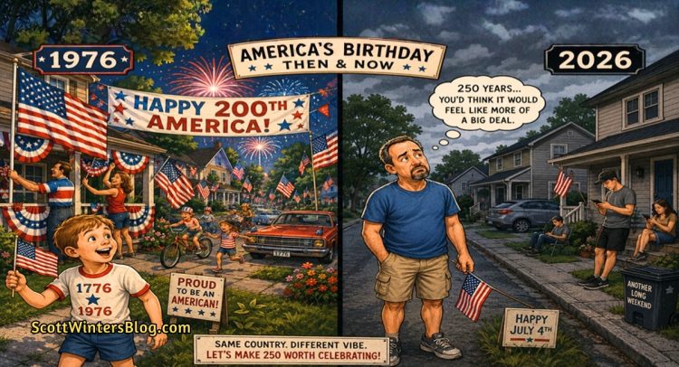Split-scene cartoon comparing America’s patriotic 1976 Bicentennial celebration with a quieter modern-day Fourth of July, as a man stands holding a flag and reflecting on how times have changed.